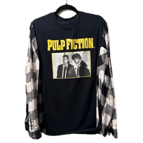 Upcycled Tops - Pulp fiction upcycle plaid shirt black and white